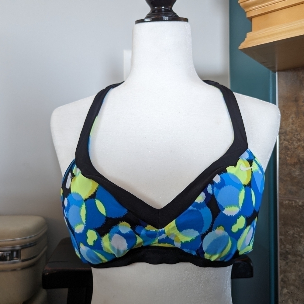 Nike bikini top swim top reversible black or blue geometric print woman's Sz M